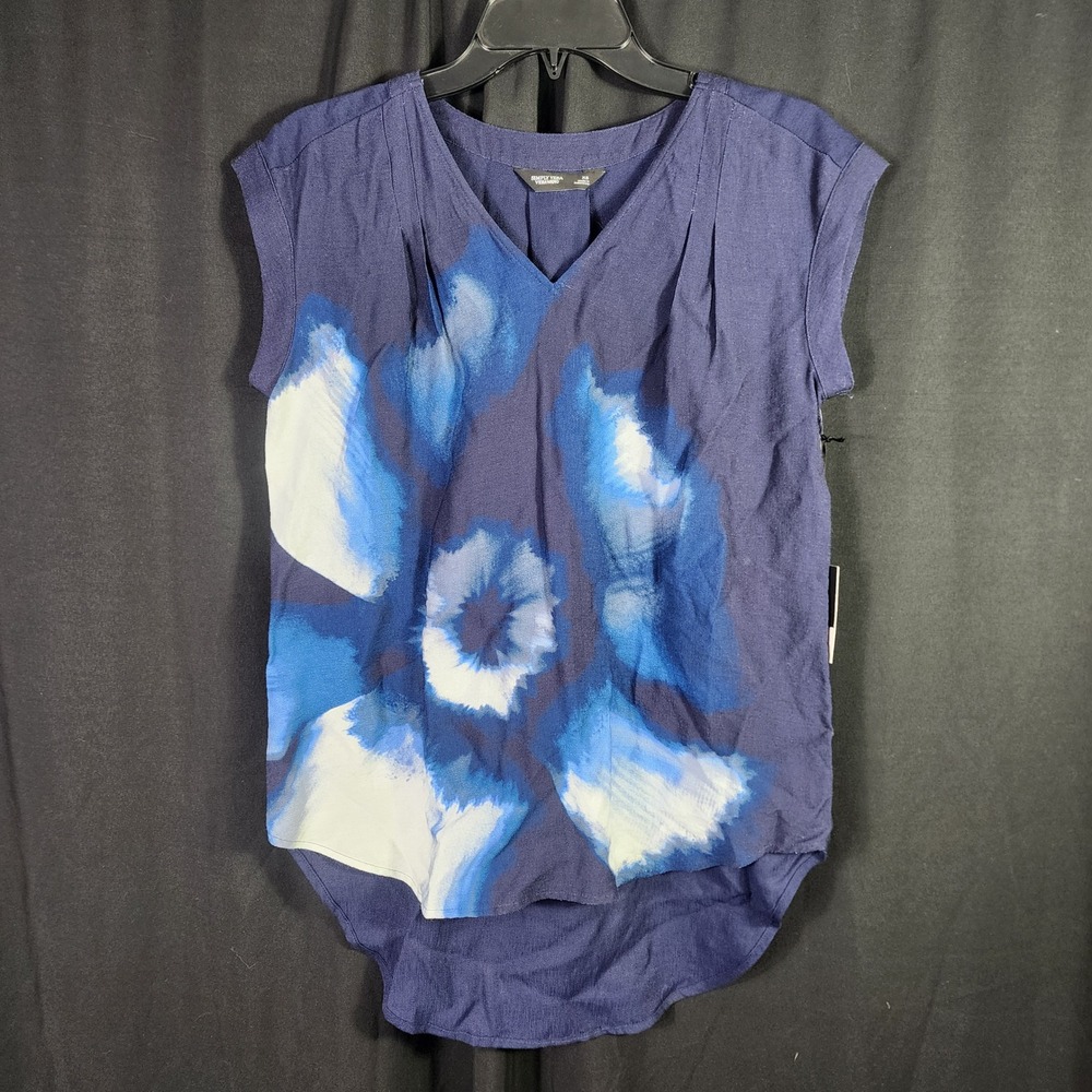 Simply Vera Vera‎ Wang Women Navy Blue Floral Watercolor V-Neck Blouse XS NWT